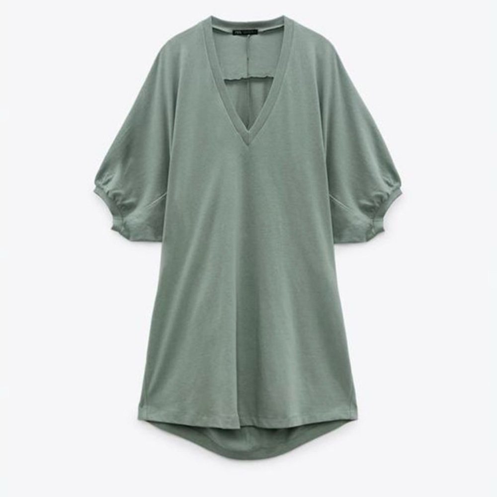 Zara Green V-Neck Brocade Tunic Mini Boho Dress Sage Green Women's XS NWT